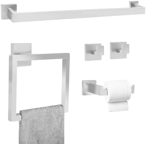 Sturdy 5-Piece Bathroom Towel Holder Set with Stainless Steel Bar Silver