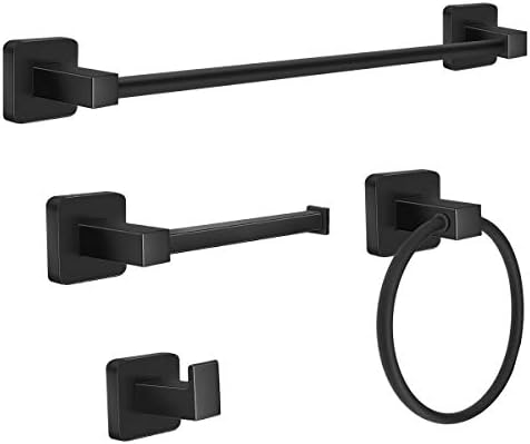 HUOSUC Matte Black Bathroom Hardware Set 4 Pieces - Durable Towel Bar Holder