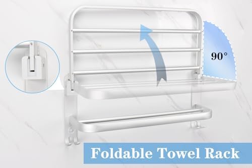 Bath Towel Organizer - 24In Space Saving Towel Rack wFoldable Towel Bar Silver