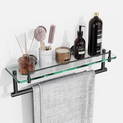 Space-Saving 16-Inch Black Glass Towel Shelf for Bathroom