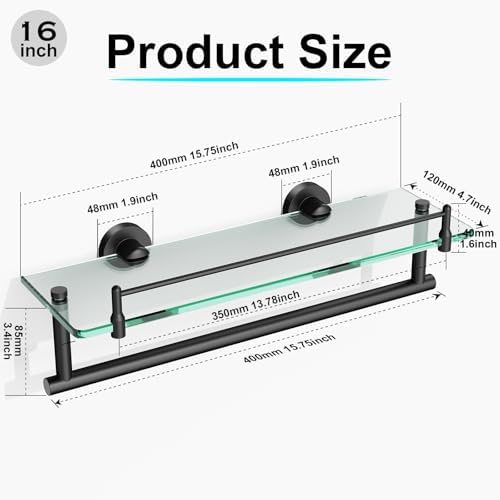 Space-Saving 16-Inch Black Glass Towel Shelf for Bathroom