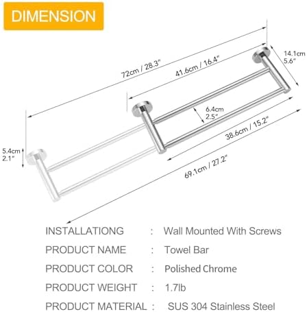 BESy Adjustable 164-283 Inch Double Bath Towel Bar Retractable Rust-Resistant