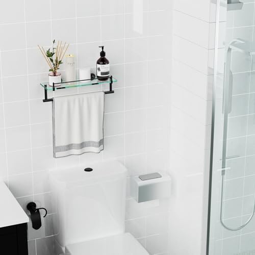 Space-Saving 16-Inch Black Glass Towel Shelf for Bathroom