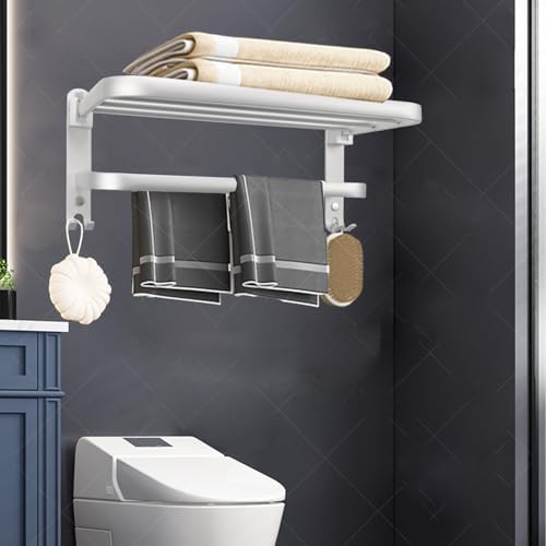 Bath Towel Organizer - 24In Space Saving Towel Rack wFoldable Towel Bar Silver