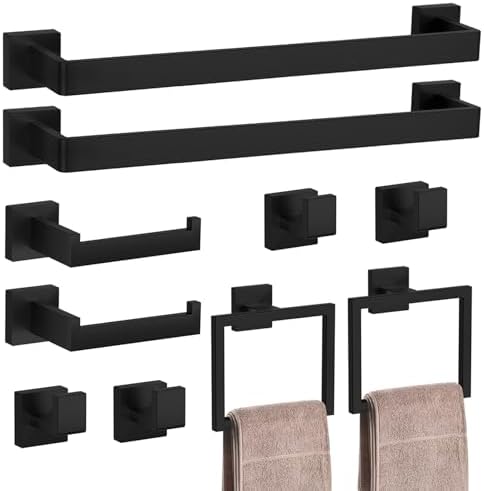 10-Piece Matte Black Bathroom Accessories Set with Stainless Steel Towel Bar