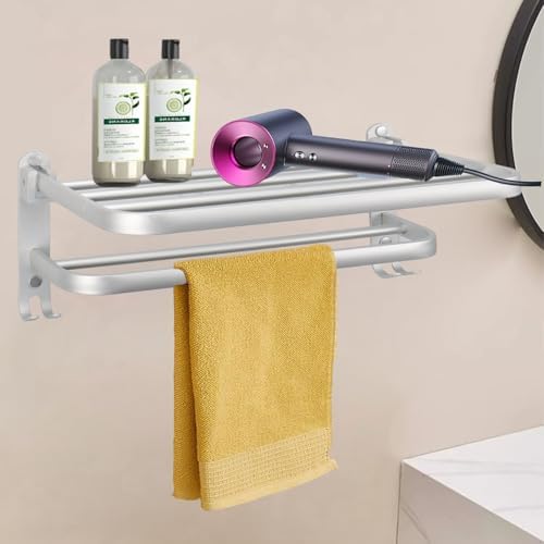 Bath Towel Organizer - 24In Space Saving Towel Rack wFoldable Towel Bar Silver