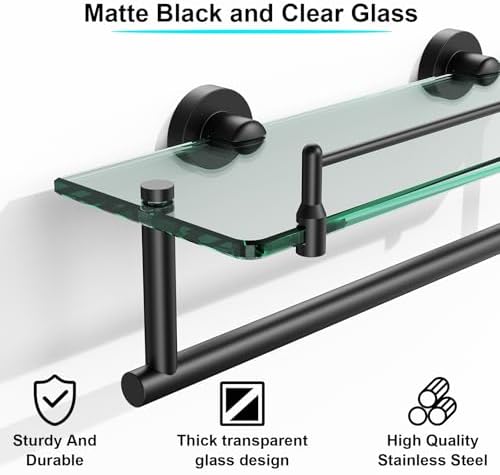 Space-Saving 16-Inch Black Glass Towel Shelf for Bathroom