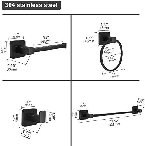 HUOSUC Matte Black Bathroom Hardware Set 4 Pieces - Durable Towel Bar Holder