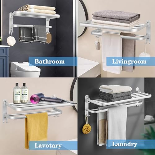 Bath Towel Organizer - 24In Space Saving Towel Rack wFoldable Towel Bar Silver