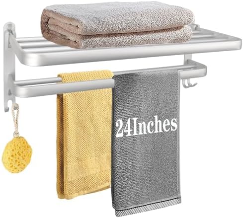 Bath Towel Organizer - 24In Space Saving Towel Rack wFoldable Towel Bar Silver